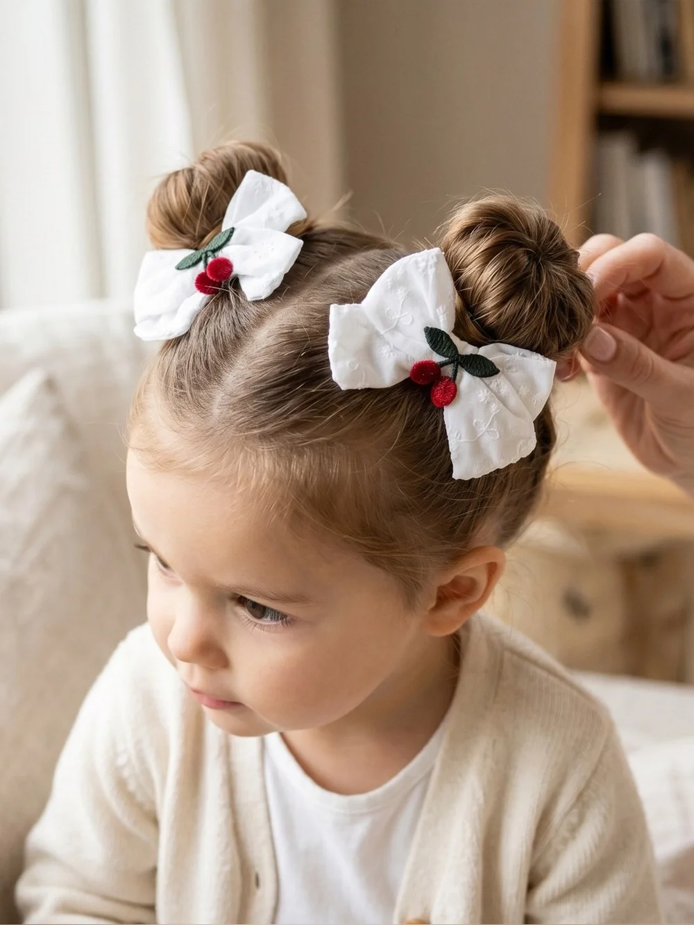 Handmade White Eyelet Cherry Hair Bows – Set of 2